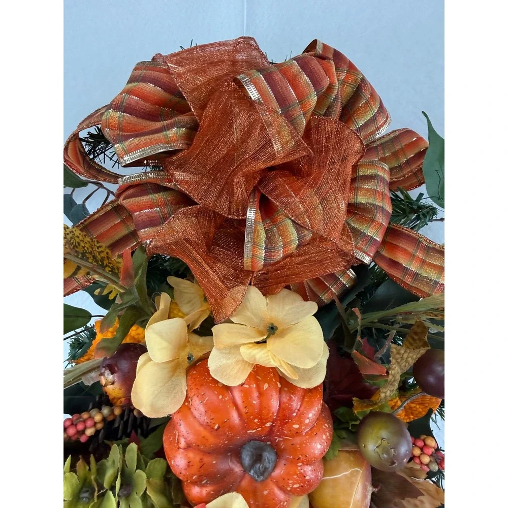 Fall Harvest Pumpkin Gourd Floral Swag Wreath Orange Plaid Bow Autumn Decor